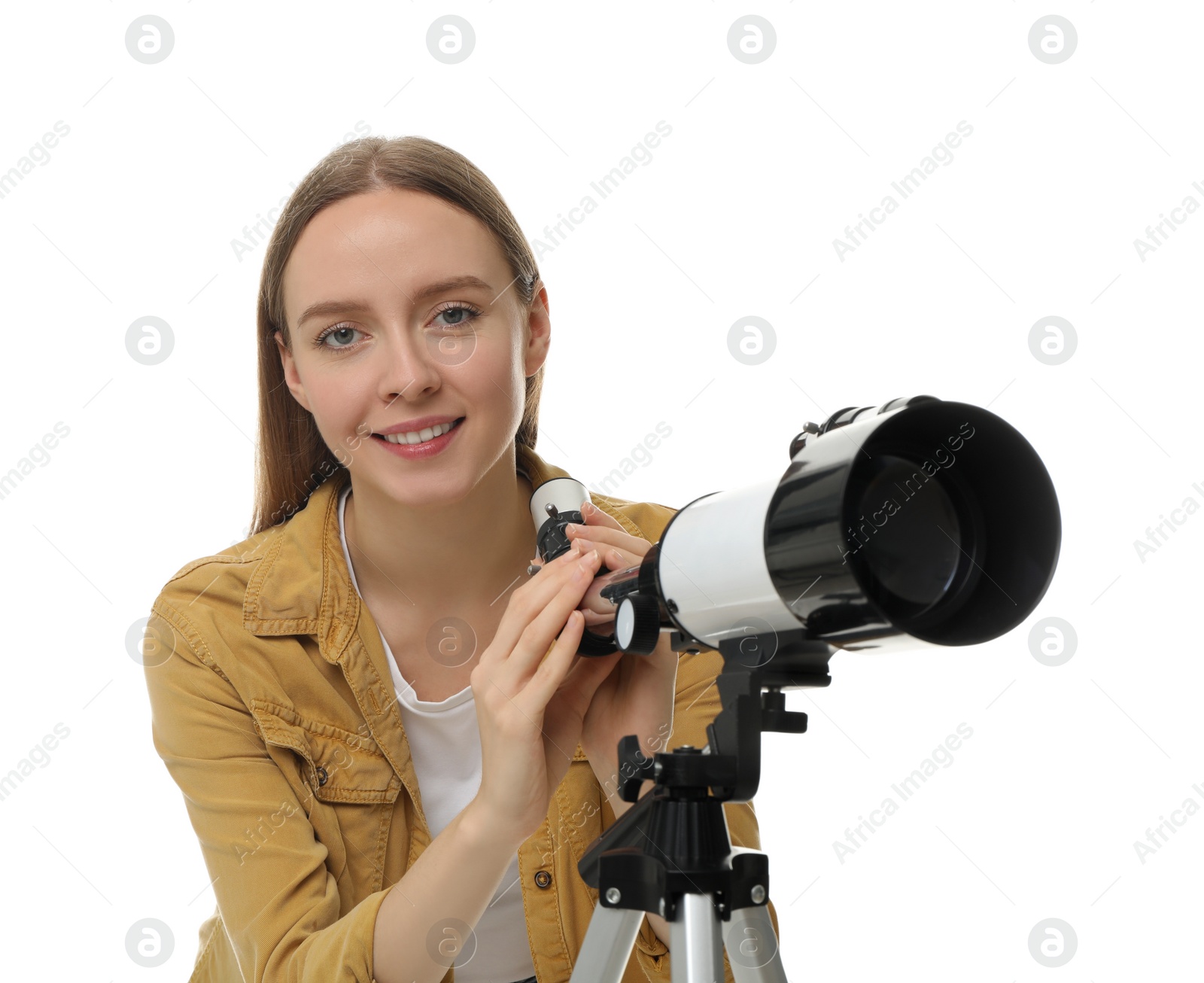 Photo of Happy astronomer with telescope on white background