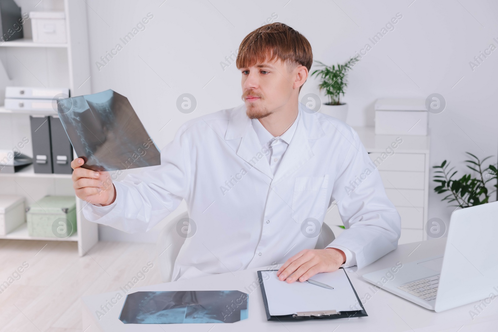 Photo of Doctor examining neck MRI image in clinic