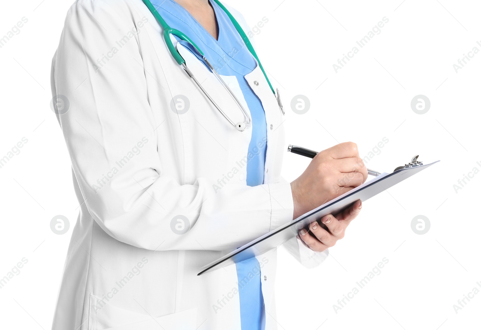 Photo of Doctor with clipboard in uniform on white background, closeup. Medical service