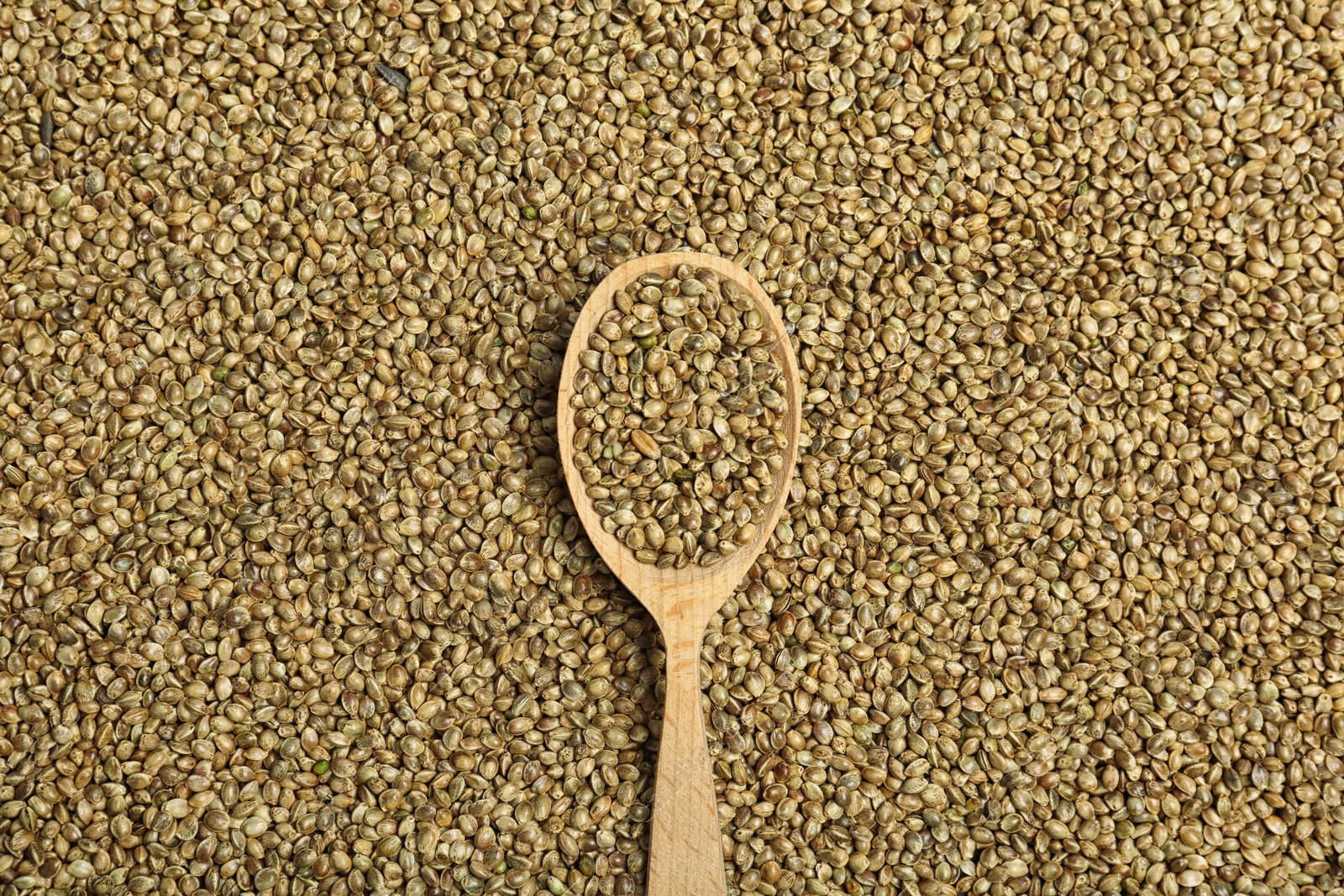 Photo of Wooden spoon and hemp seeds, top view