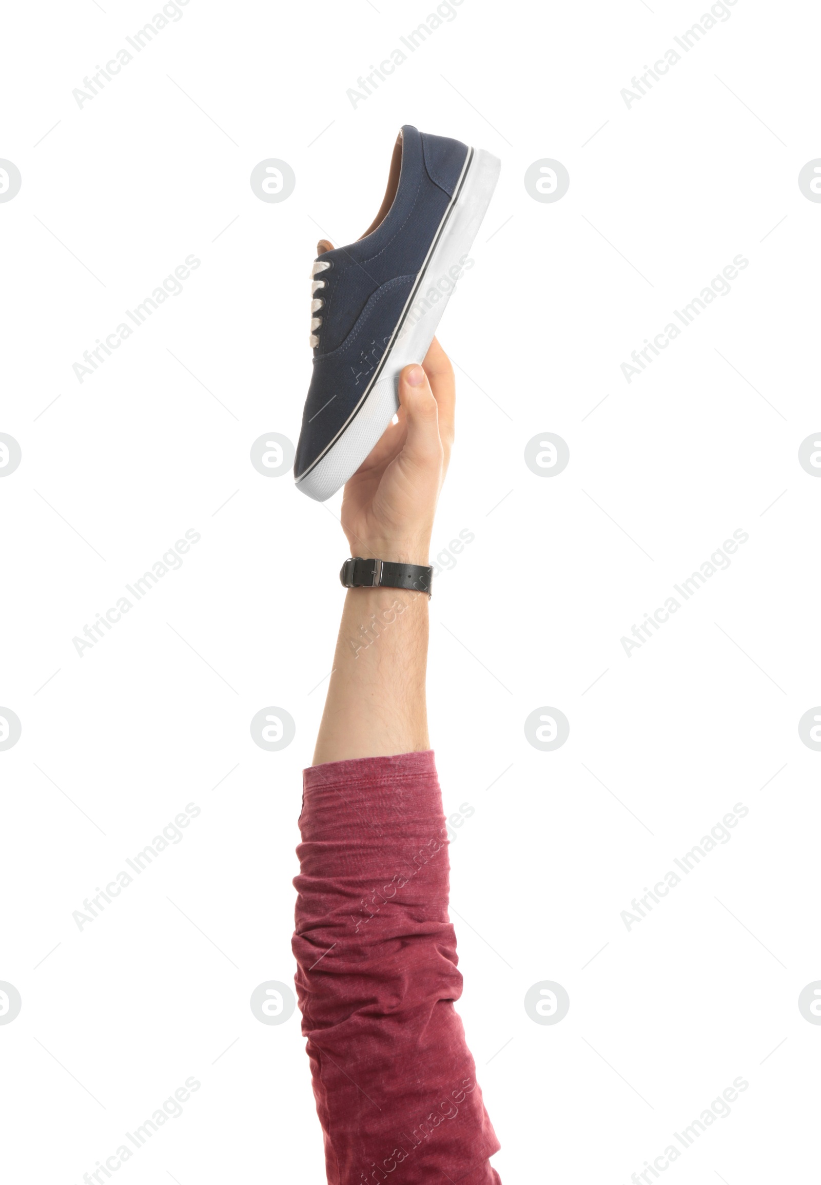 Photo of Man holding stylish shoe on white background, closeup