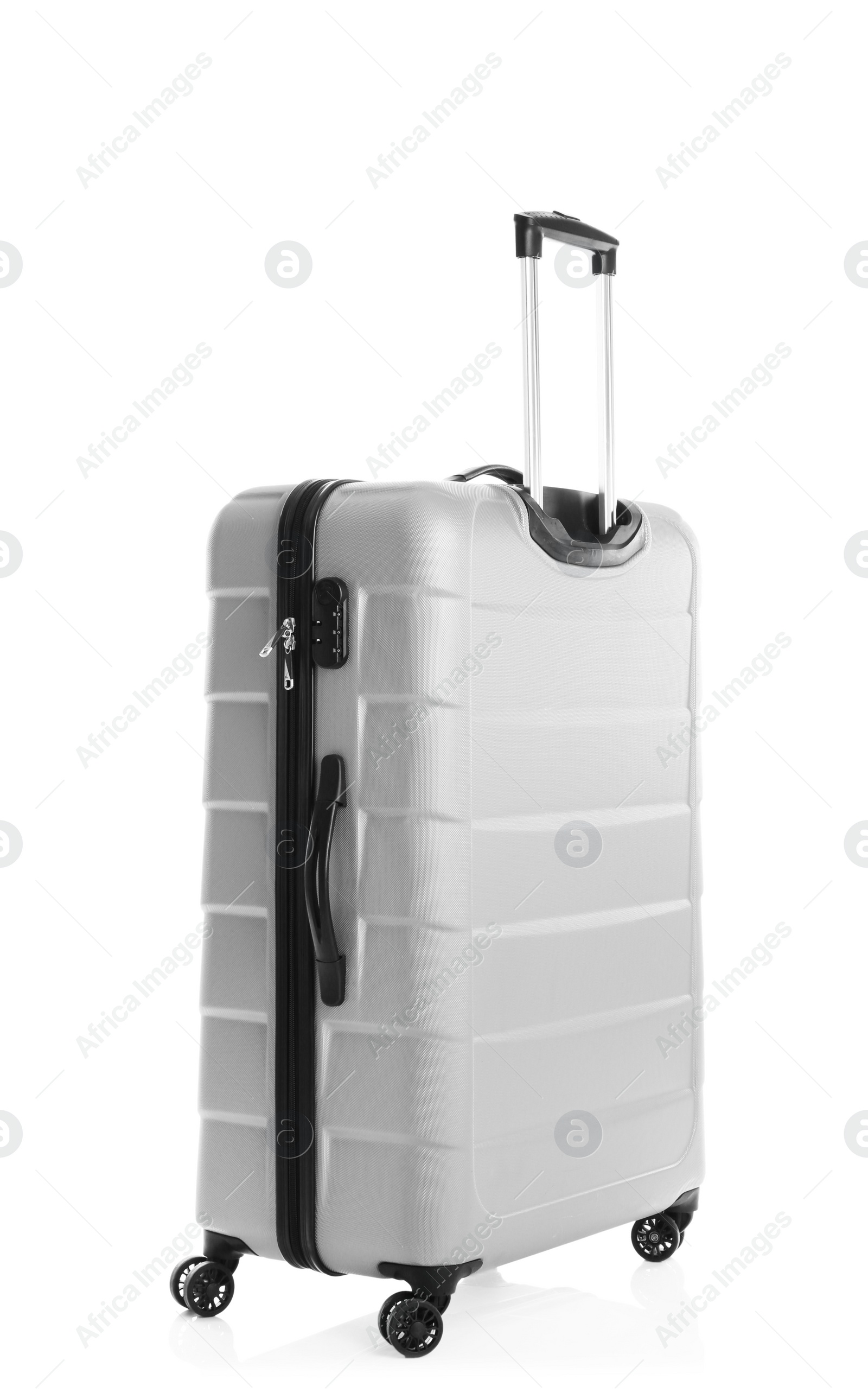 Photo of Grey suitcase for travelling on white background