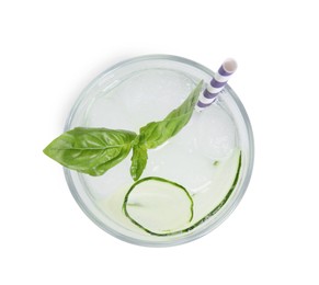 Refreshing cucumber water with basil in glass isolated on white, top view