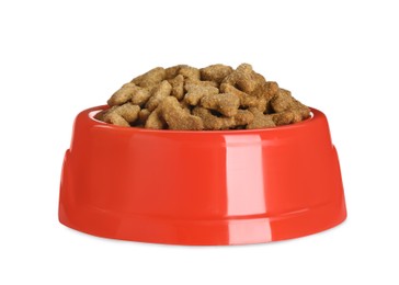 Photo of Dry food in red pet bowl isolated on white