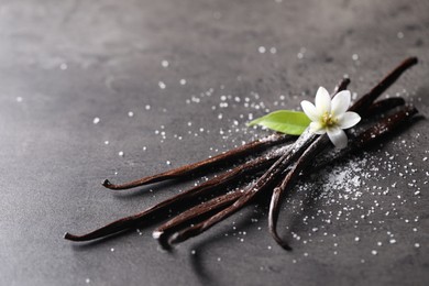 Photo of Vanilla pods, flower, leaf and sugar on grey textured table, closeup