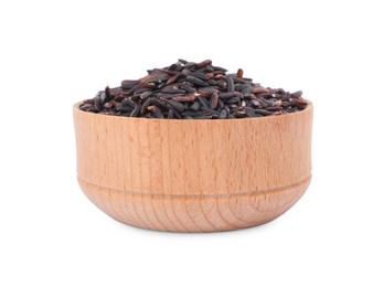 Photo of Bowl with raw black rice isolated on white