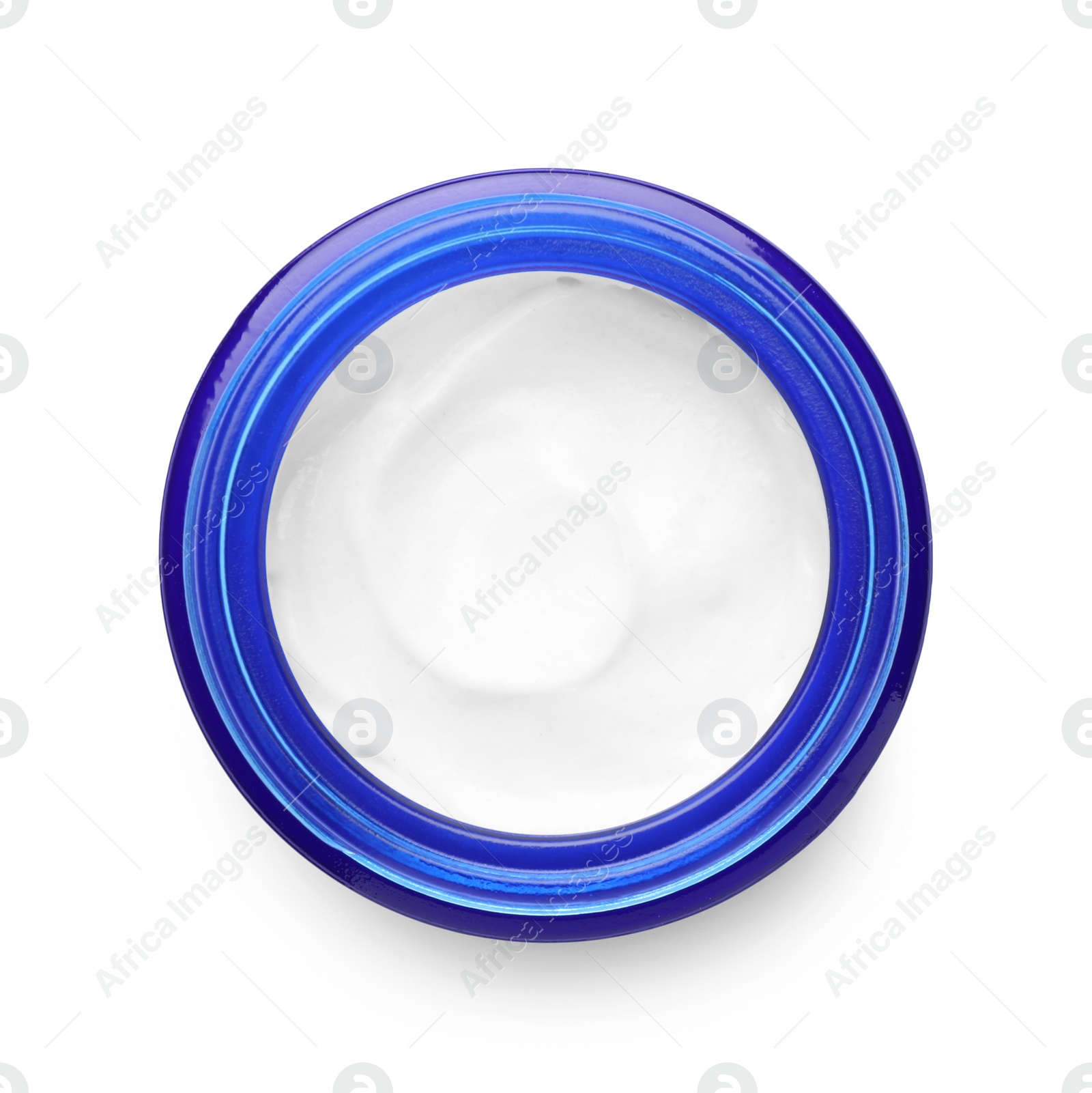 Photo of Open jar with moisturizing cream isolated on white, top view