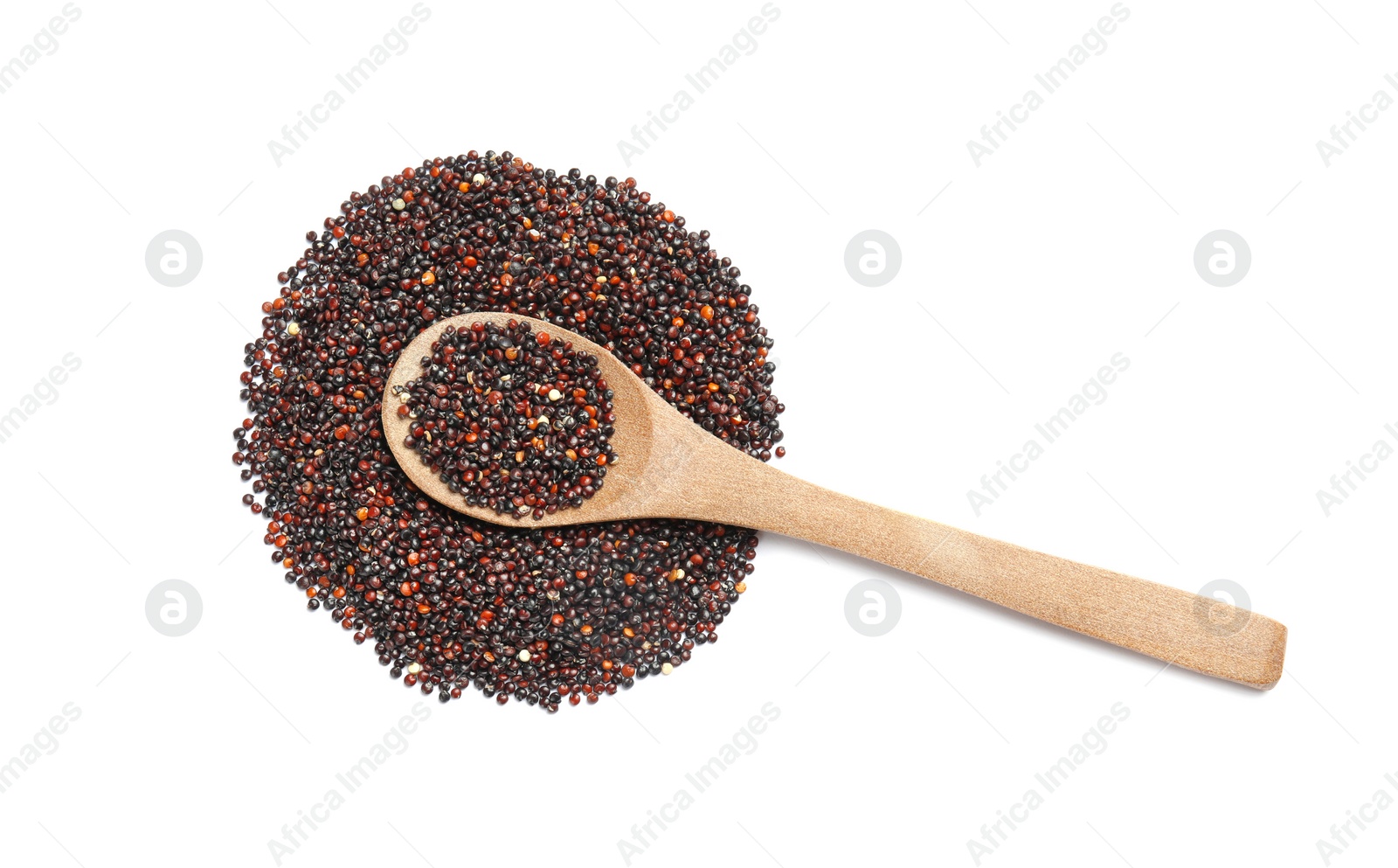 Photo of Pile of black quinoa and spoon on white background, top view