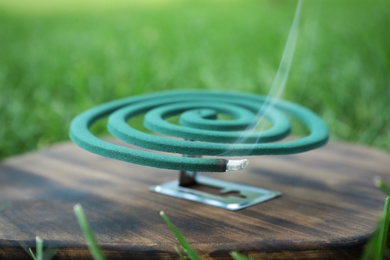 Photo of Smouldering insect repellent coil on board outdoors
