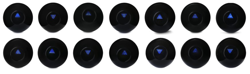 Image of Magic eight ball with different predictions isolated on white, collection