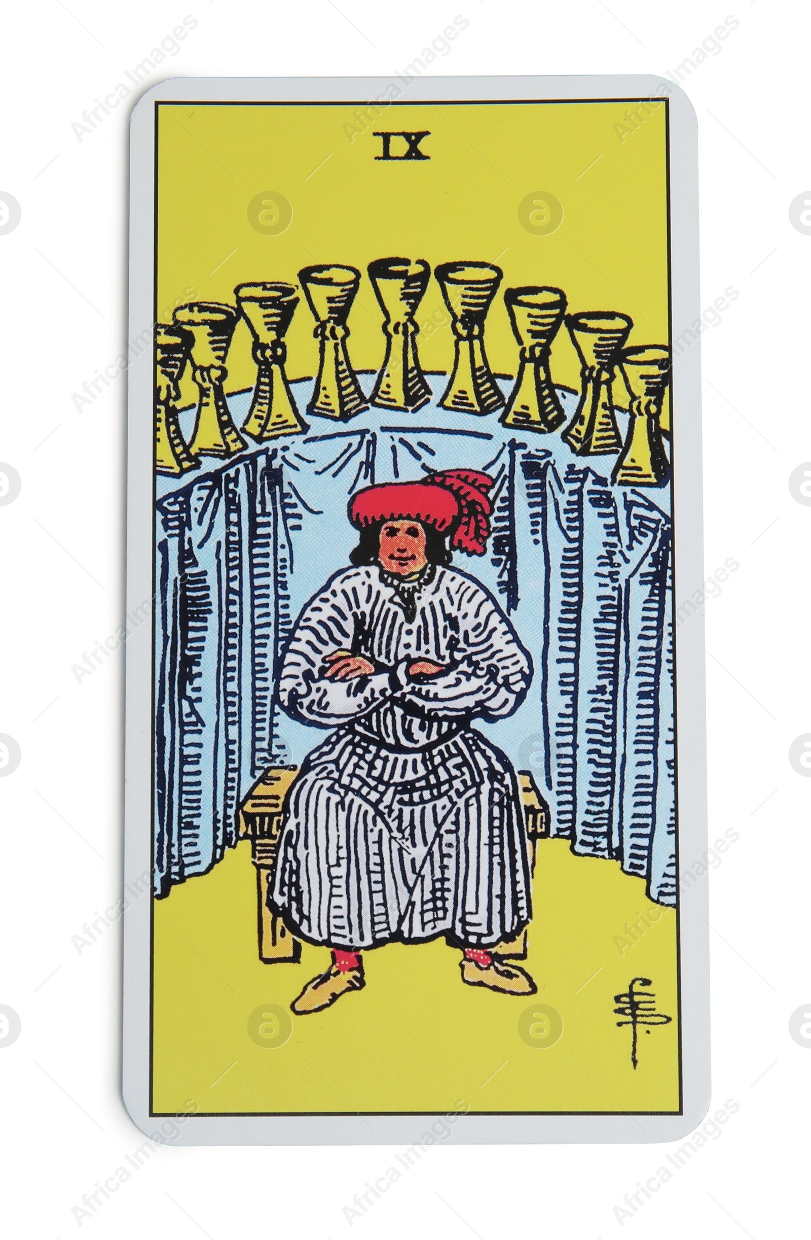 Photo of Nine of Cups isolated on white. Tarot card