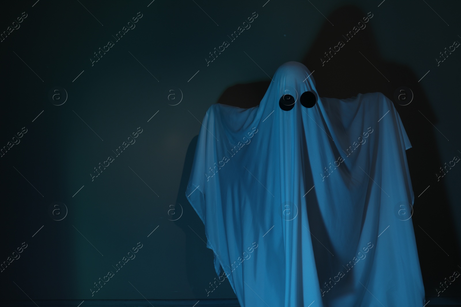 Photo of Creepy ghost. Woman covered with sheet in color light, space for text