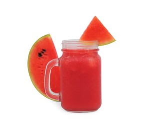 Photo of Mason jar of delicious watermelon drink and cut fresh fruit isolated on white