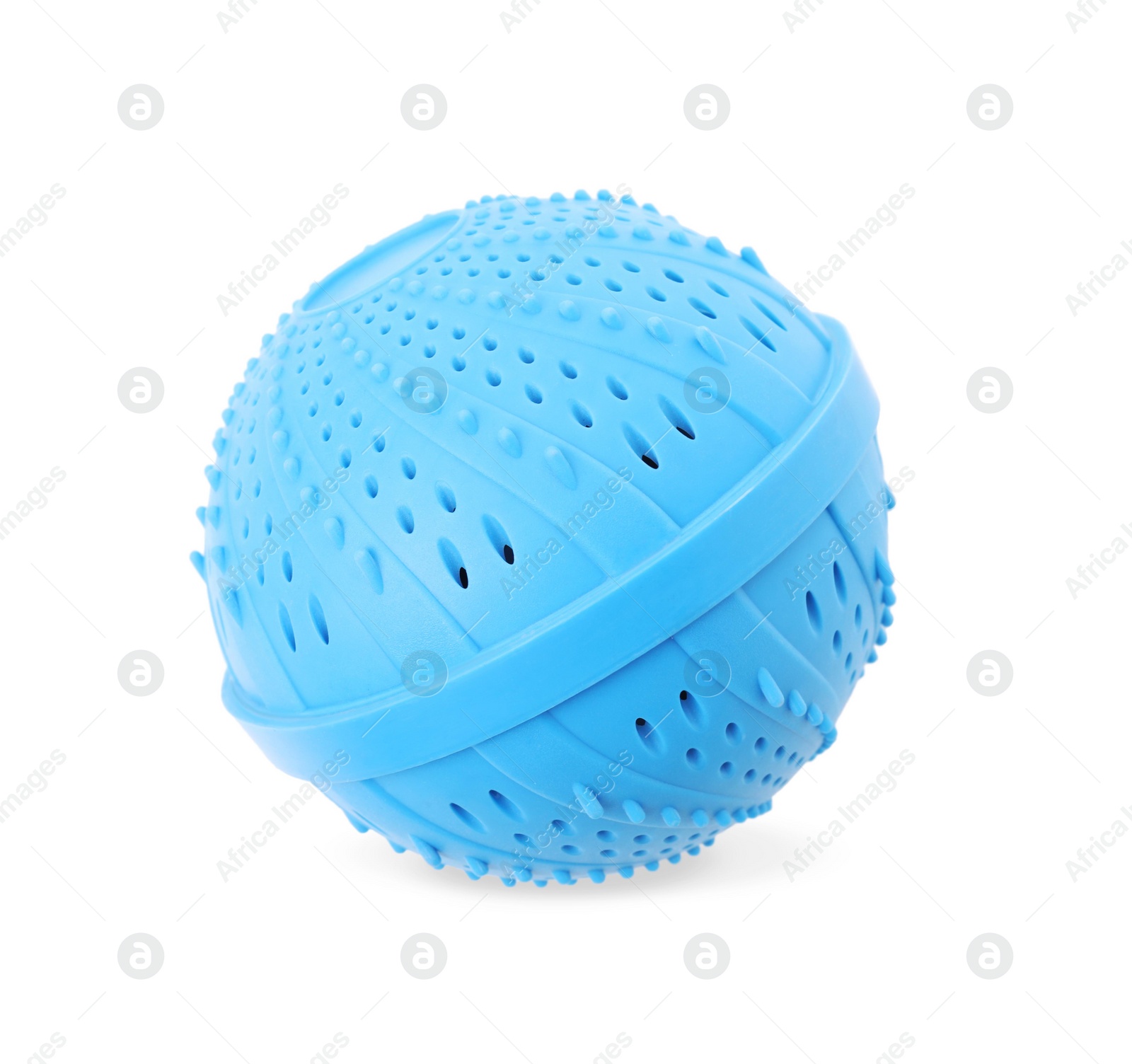 Photo of Light blue dryer ball for washing machine isolated on white, top view. Laundry detergent substitute