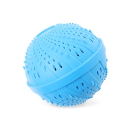 Photo of Light blue dryer ball for washing machine isolated on white, top view. Laundry detergent substitute