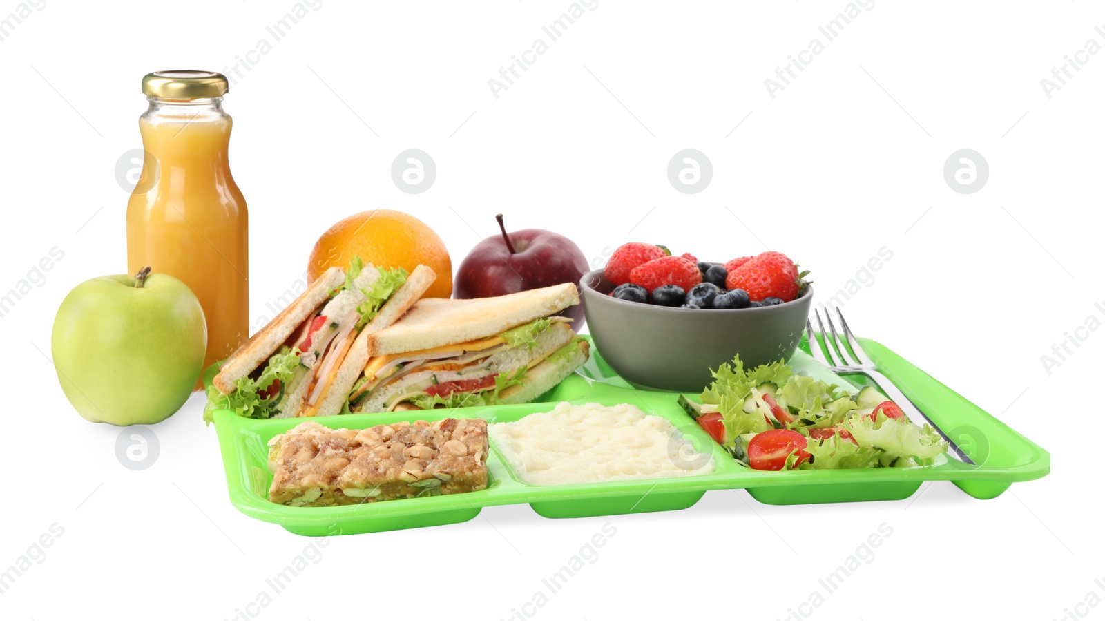 Photo of Serving tray of healthy food isolated on white. School lunch