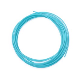Photo of Turquoise plastic filament for 3D pen on white background, top view