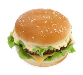 Photo of Delicious cheeseburger with lettuce, sauce and patty isolated on white