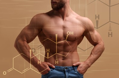 Muscular man and structural formula of testosterone on beige background, closeup