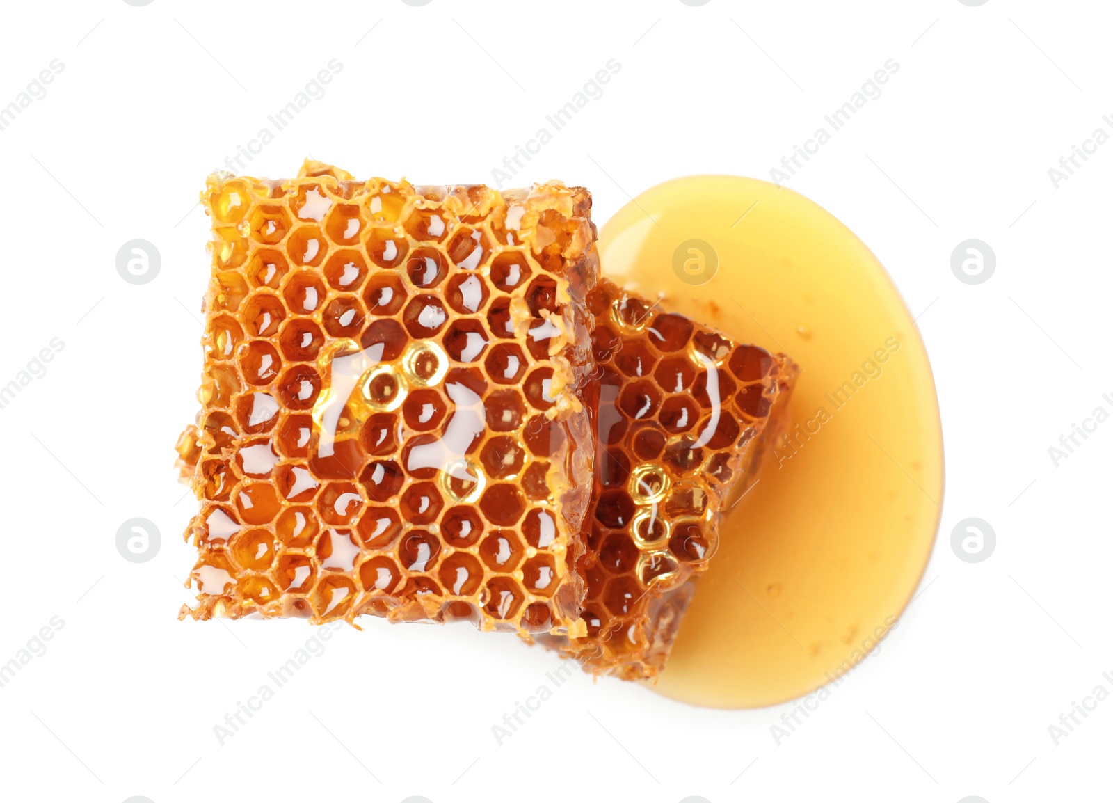 Photo of Fresh honeycombs on white background, top view
