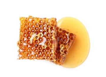 Fresh honeycombs on white background, top view