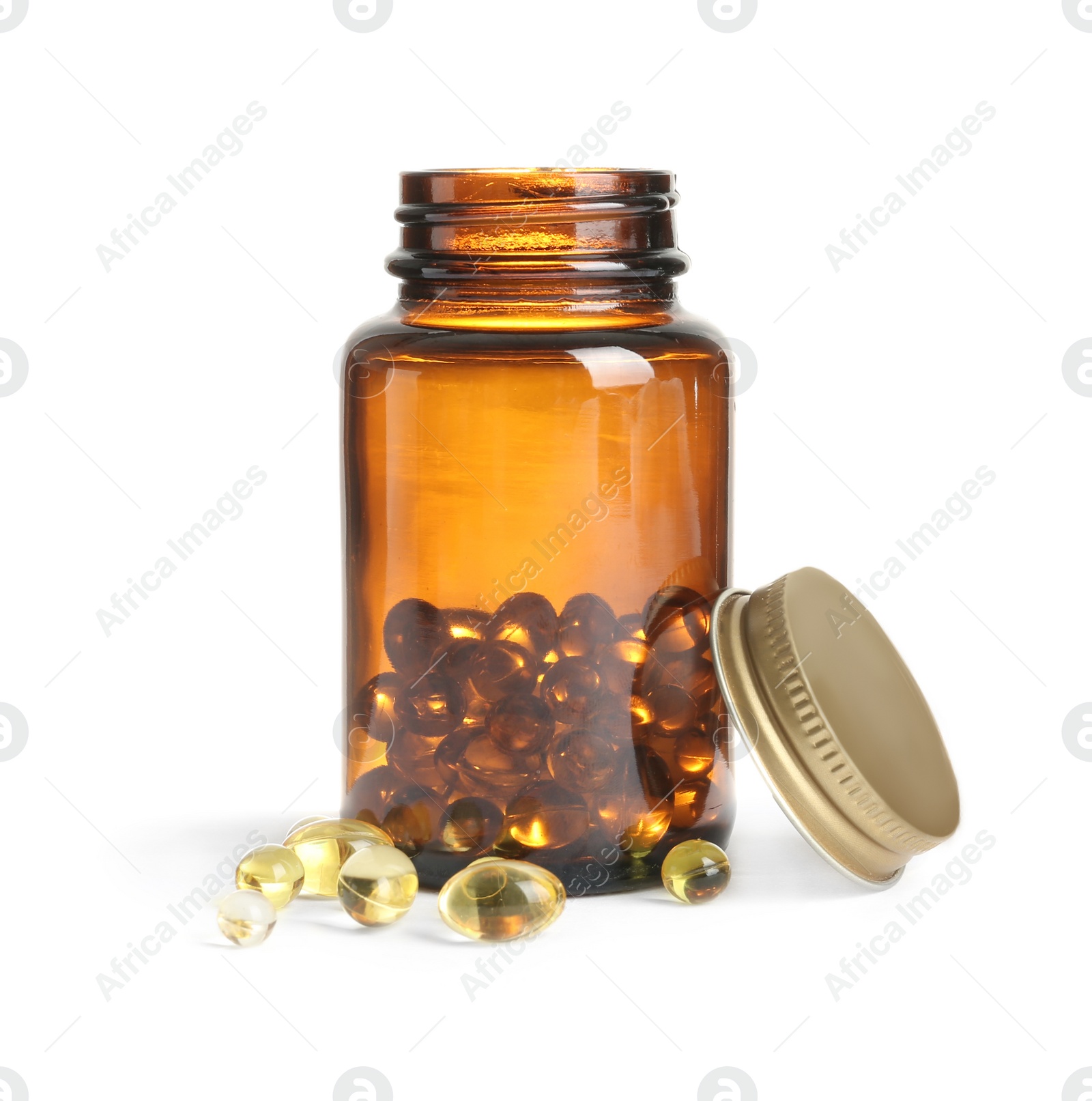 Photo of Bottle with cod liver oil capsules on white background