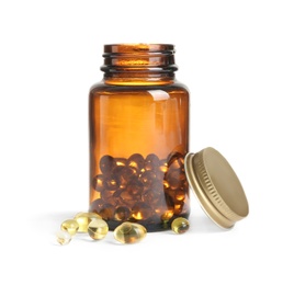 Photo of Bottle with cod liver oil capsules on white background