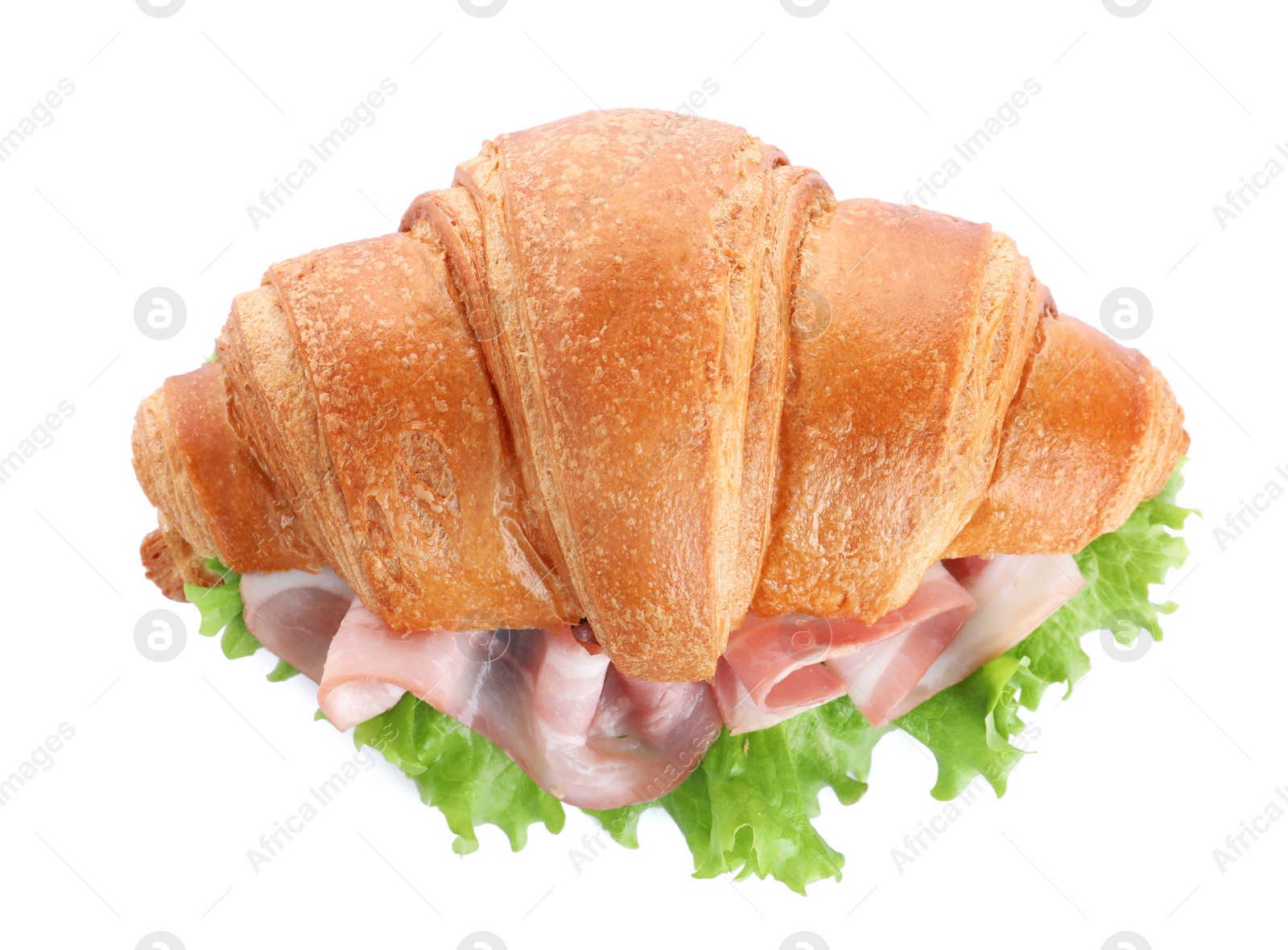 Photo of Tasty croissant sandwich with ham isolated on white, top view