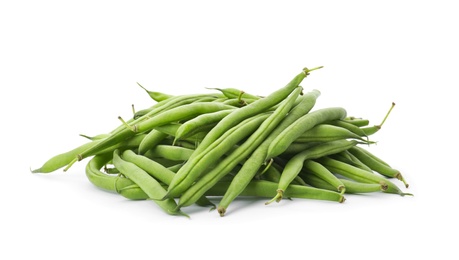 Delicious fresh green beans on white background