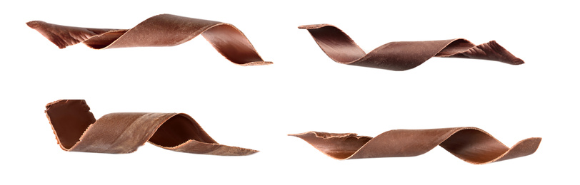 Image of Set with chocolate shavings on white background, banner design 