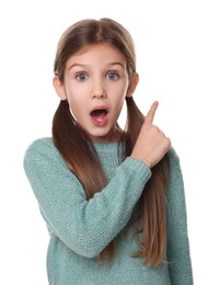 Surprised girl pointing at something on white background