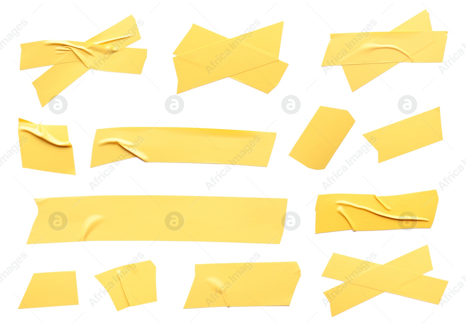 Image of Collage with pieces of yellow insulating tape on white background, top view