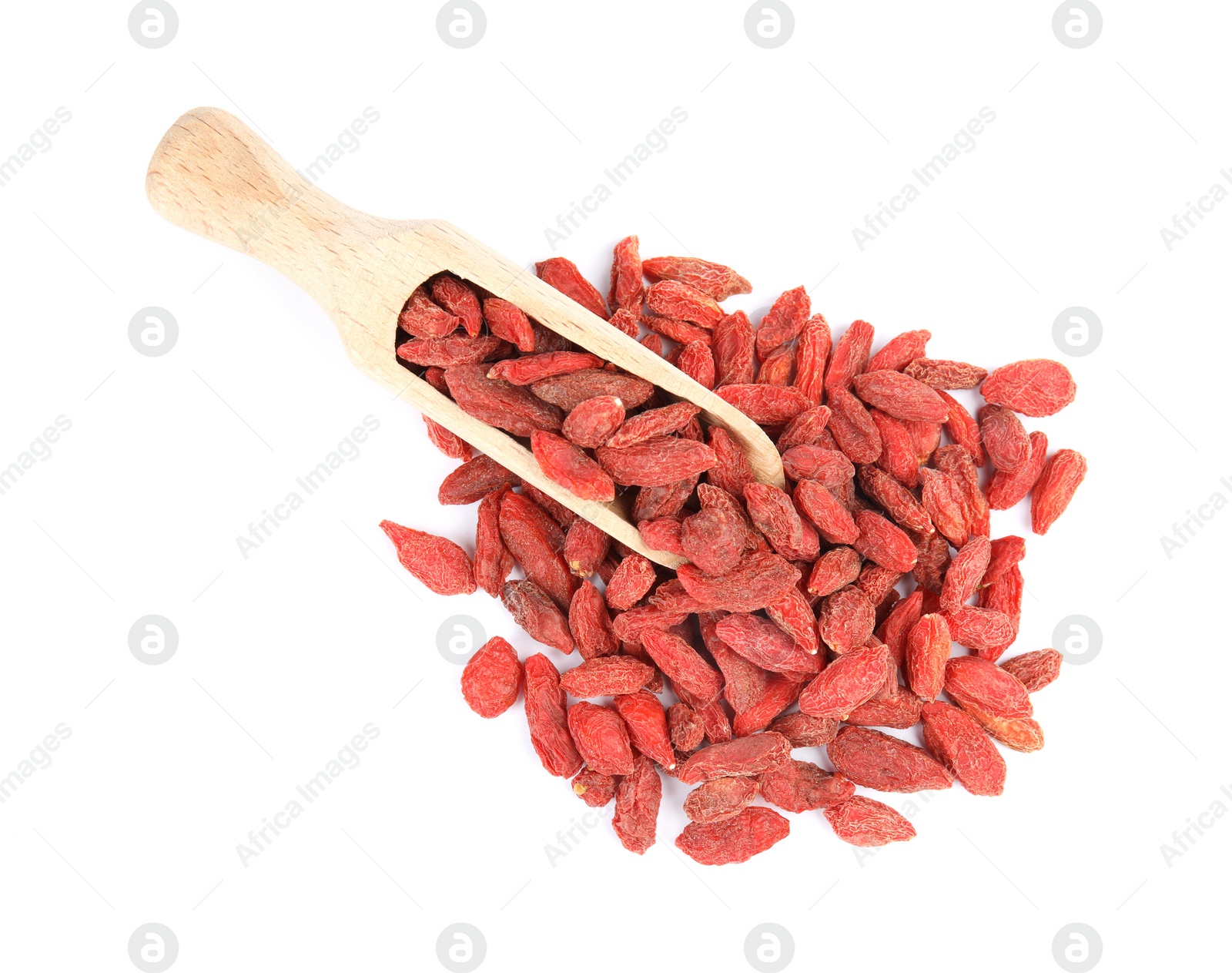 Photo of Wooden scoop with dried goji berries on white background, top view