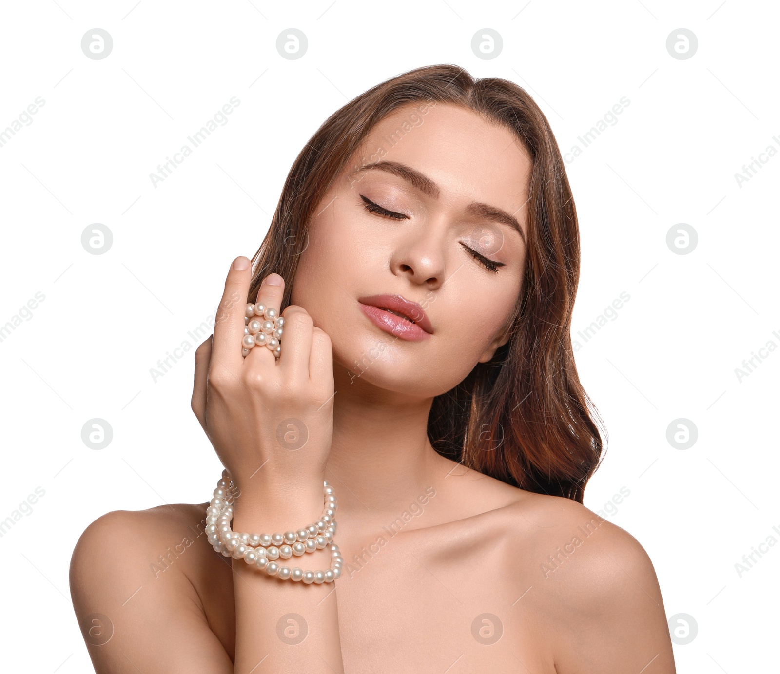 Photo of Young woman with elegant pearl necklace on white background