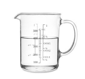 Measuring cup with clear water isolated on white