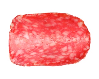 Cut fresh tasty sausage on white background