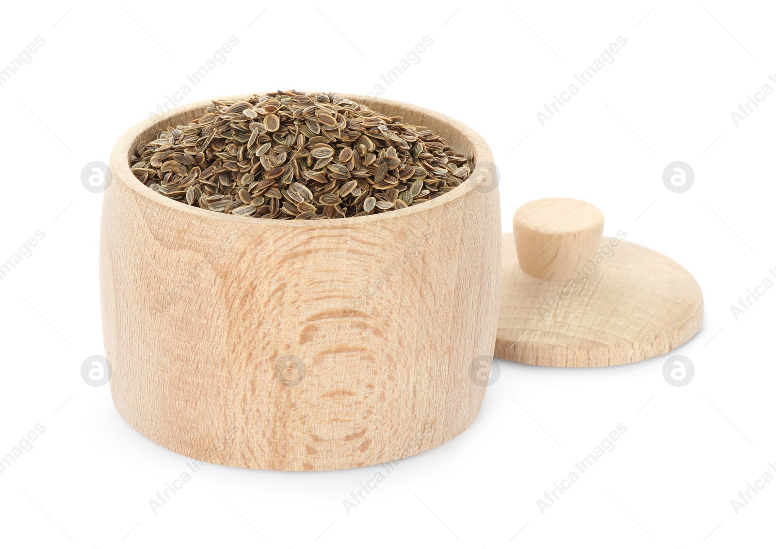 Photo of Wooden jar of dry dill seeds isolated on white