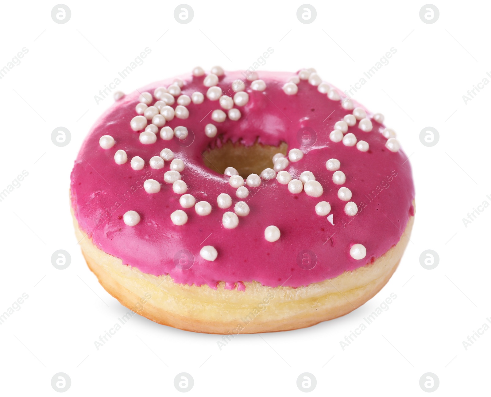 Photo of Tasty glazed donut with sprinkles isolated on white