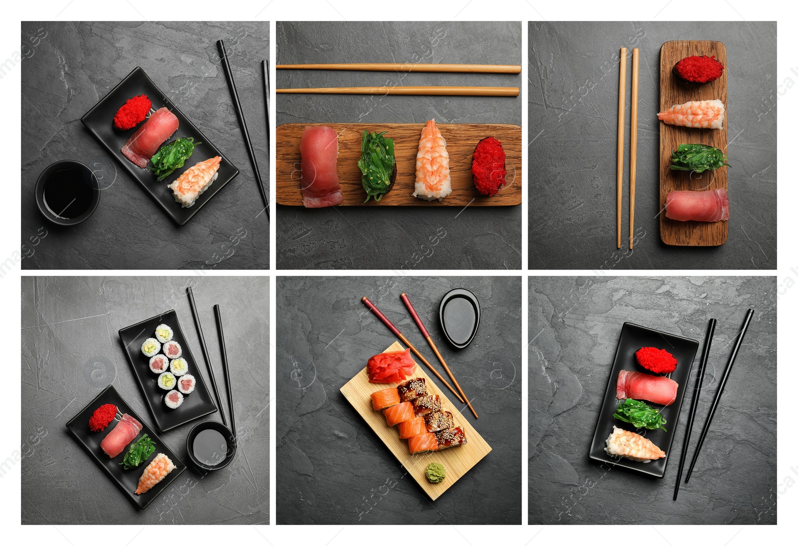 Image of Collage with photos of delicious sushi and rolls on grey table