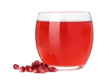 Photo of Refreshing pomegranate juice in glass and seeds isolated on white