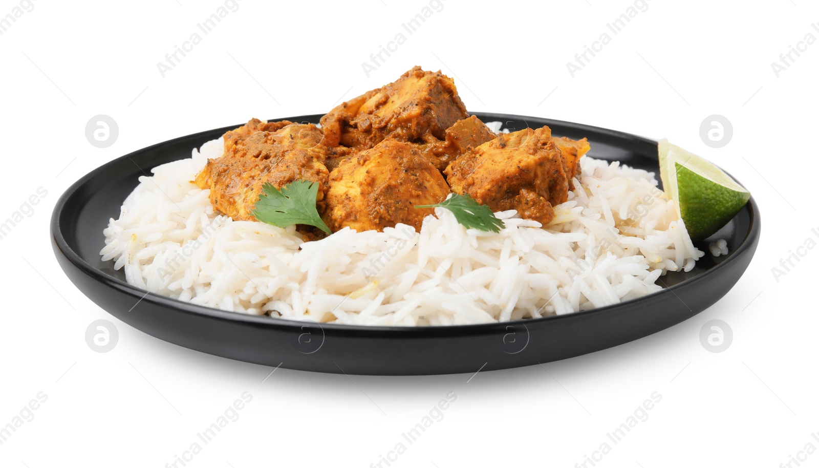 Photo of Delicious chicken curry with rice isolated on white