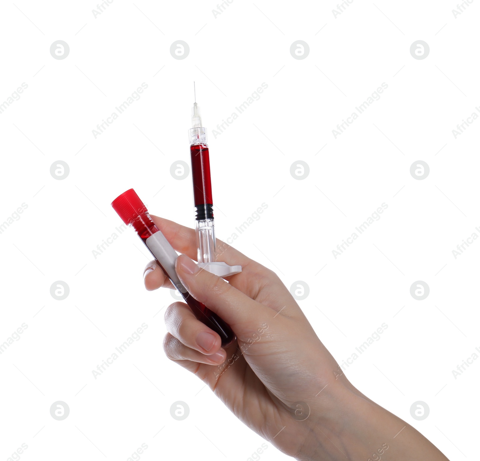 Photo of Woman holding syringe and sample tube with blood on white background, closeup