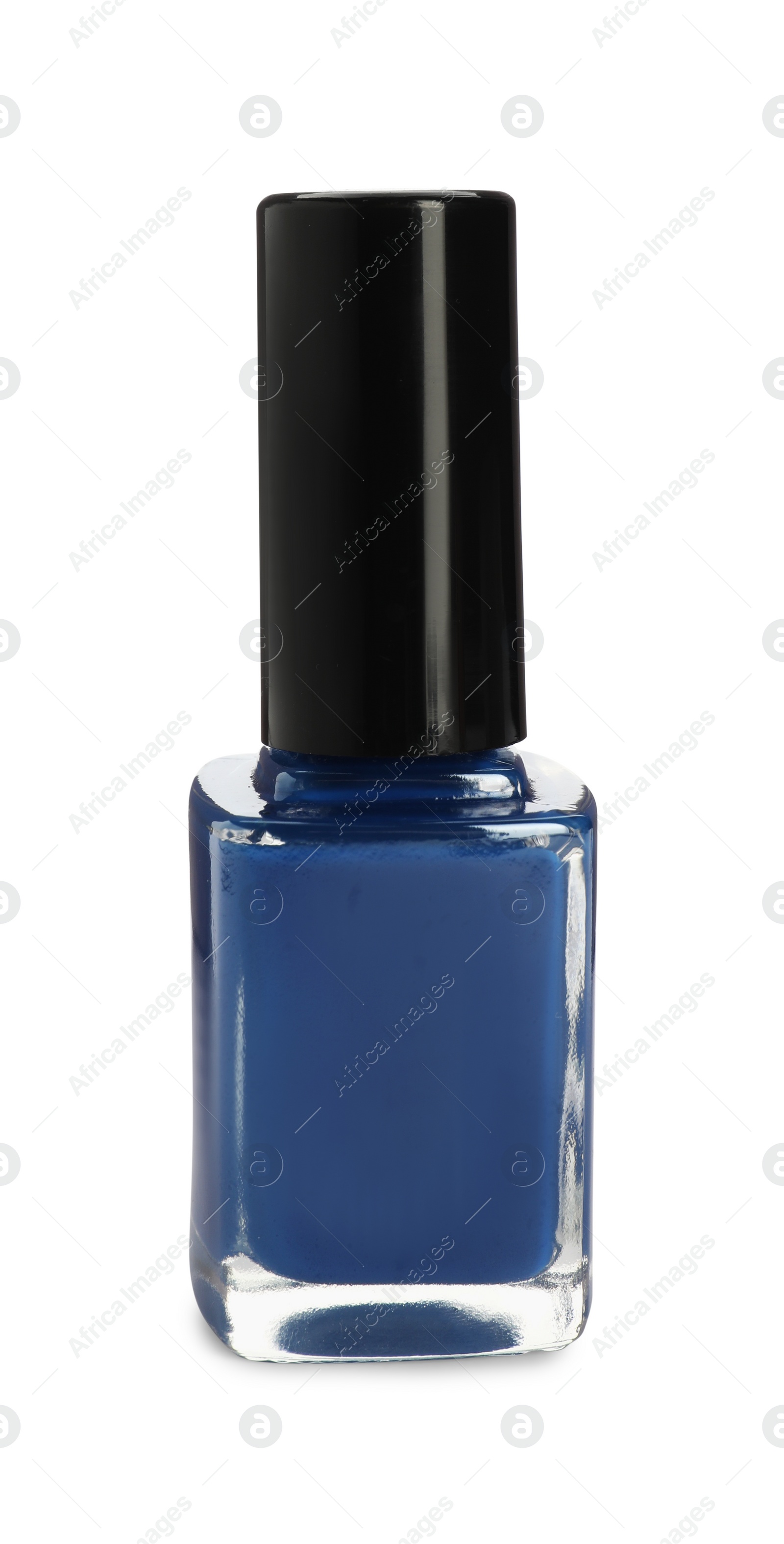 Photo of Blue nail polish in bottle isolated on white