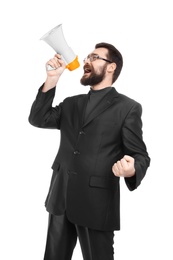 Photo of Young businessman shouting into megaphone on white background