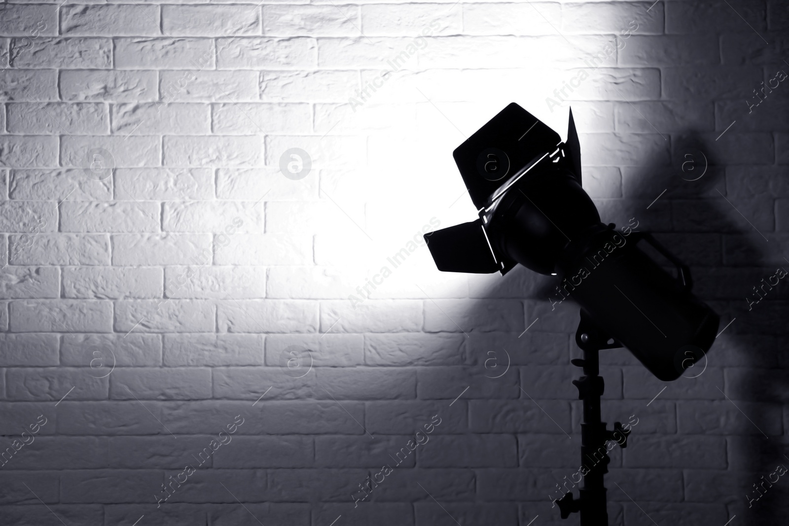 Photo of Professional photo studio lighting equipment near brick wall. Space for text