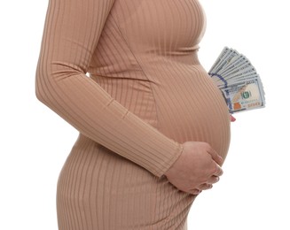 Photo of Surrogate mother. Pregnant woman with dollar banknotes on white background, closeup