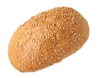 Photo of One fresh burger bun with sesame seeds isolated on white