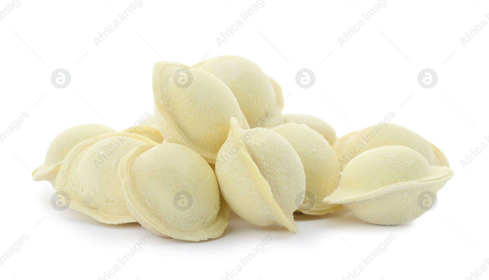 Photo of Heap of raw meat dumplings on white background