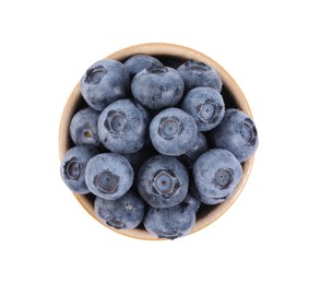 Photo of Fresh ripe blueberries in bowl isolated on white, top view