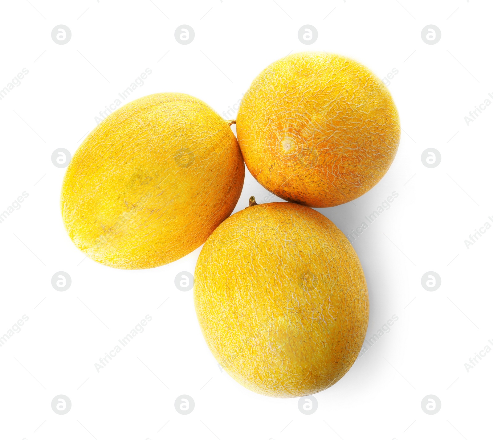 Photo of Whole tasty ripe melons on white background, top view